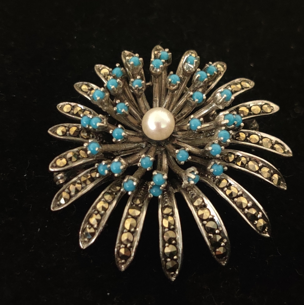 Vintage 60s Germany Silver 935 Chrysanthemum Flower Marcasite Brooch